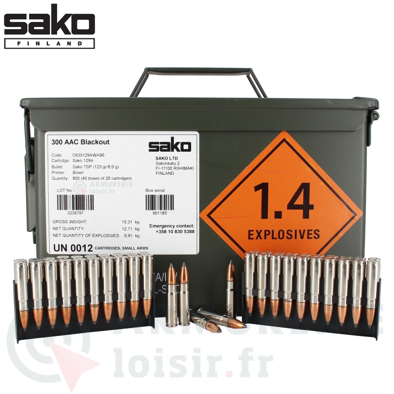 Cartouches Sako .300 AAC en caisse M2A1 par 800 .123Gr