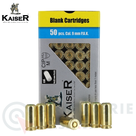 Boite de 50 balles &agrave; blanc Kaiser 9 mm PAK (pistolet)