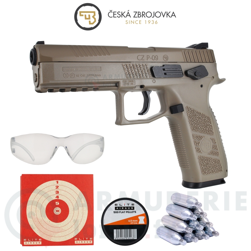 Pack pistolet CZ P-09 CO2 Calibre 4,5mm TAN (3.7 joules)