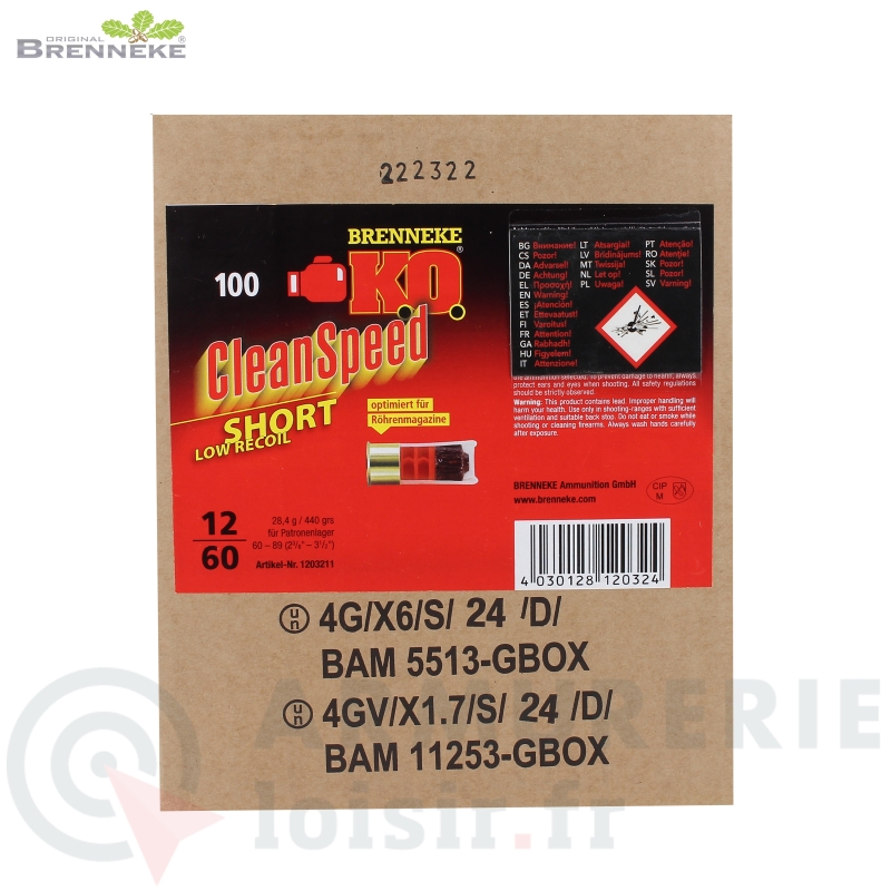 100 cartouches Brenneke Cleanspeed Short - 12/60 (440 gr)