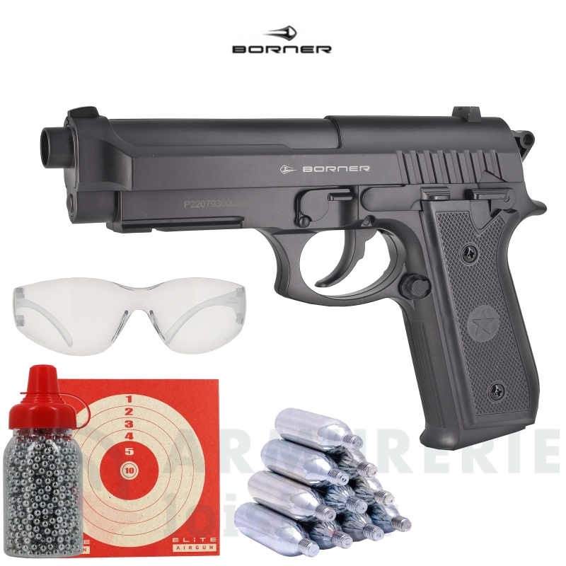 Pack Pistolet Borner 92 CO2 - 4,5 mm BB'S (3 Joules)