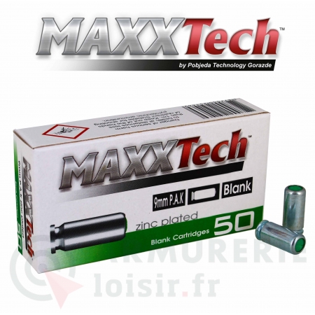 50 balles &agrave; blanc MAXXTech 9 mm PAK (pistolet)